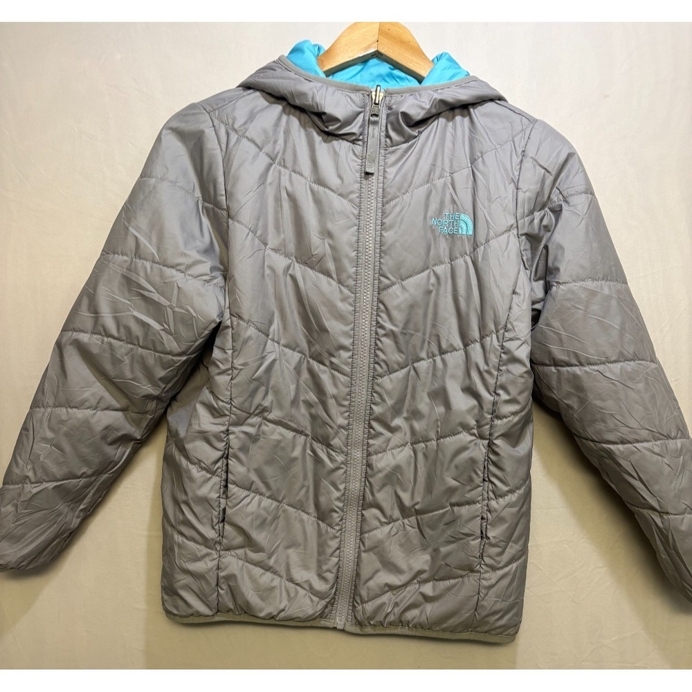 The North Face‎ Reversible Perrito Jacket Girls Gray Hooded Full-Zip Large 14/16